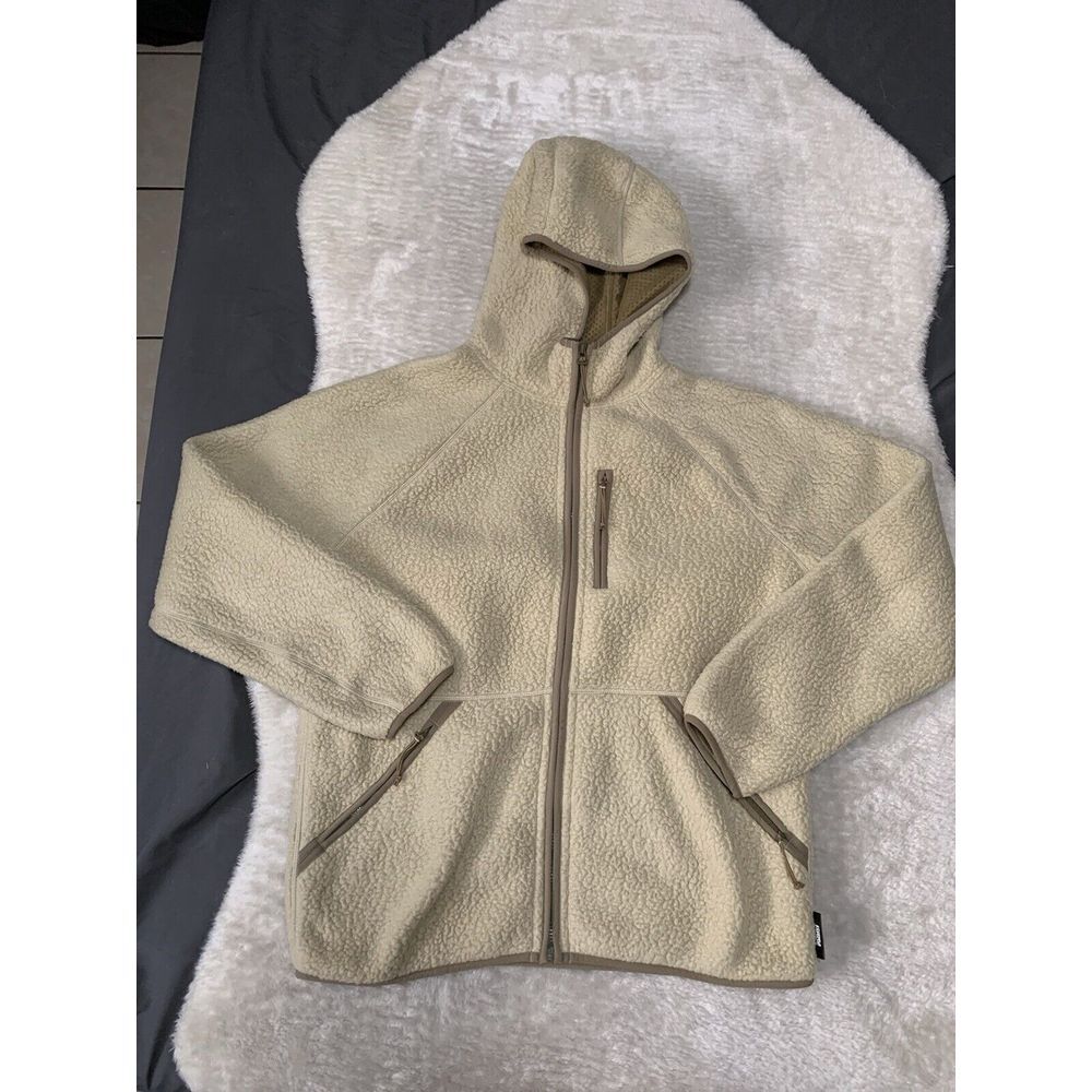 J Crew Jacket Nordic Sherpa Fleece Polartec Hooded Beige Tan Mens Size XL